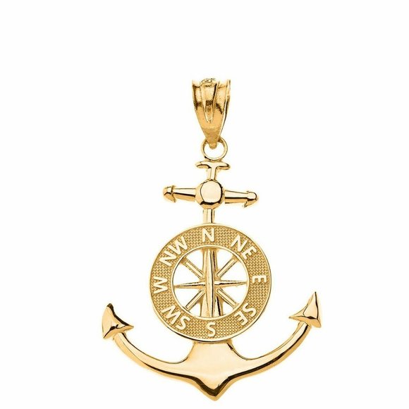 14k Real Gold Mariner's Anchor Compass Pendant